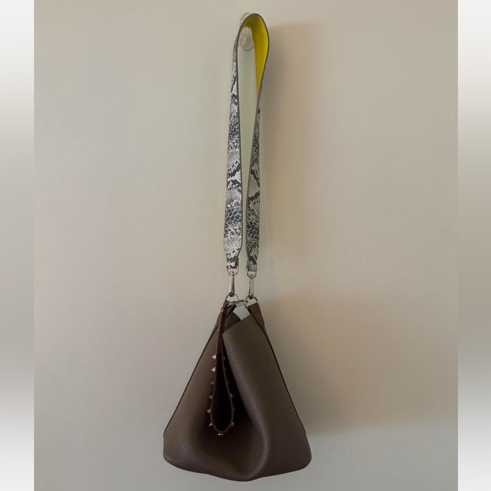 Brown Leather Shoulder Bag with Snake Print Strap